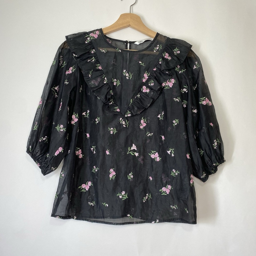Zara The Alice Blouse Floral Boho Embroidered Ruffled Organza Sheer Medium Black